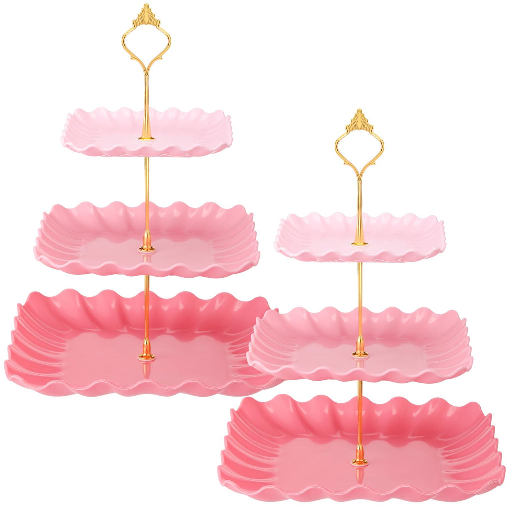 Dessert 2 Pack 3 Tier Cupcake Stand Pink Plates Plastic Square Tiered Serving Stand Display Tower