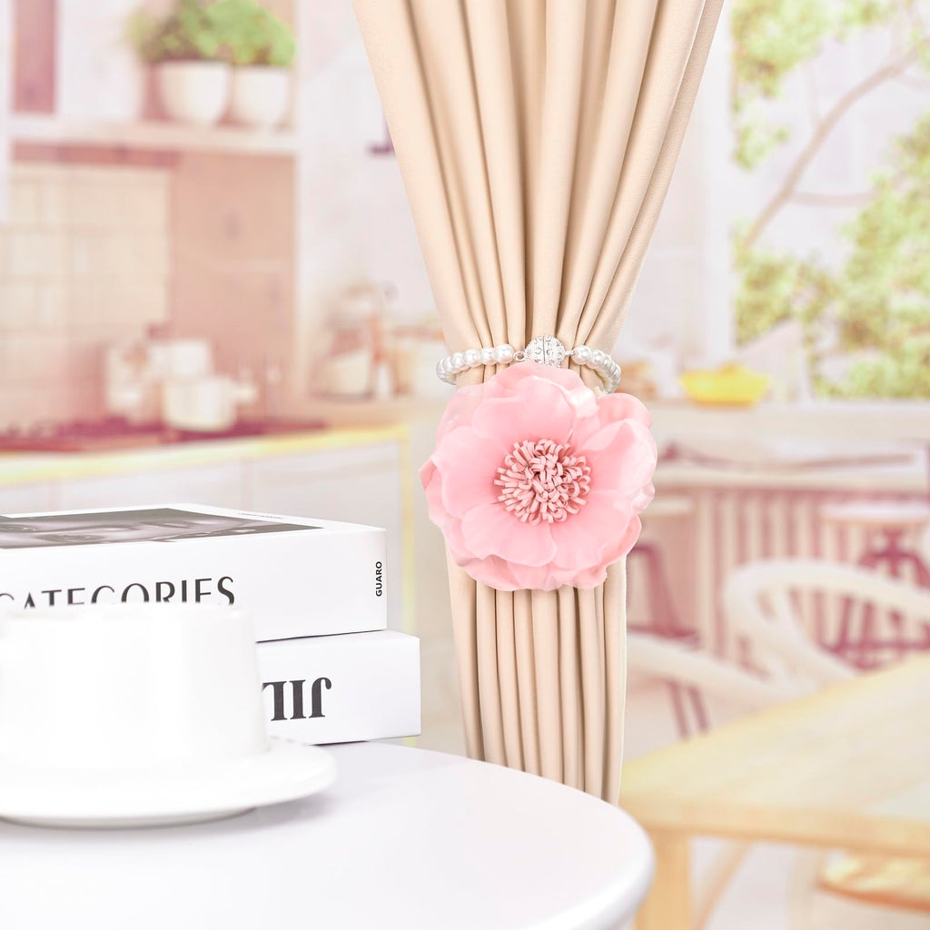 Elegant Pearl Magnetic Curtain Tieback with Handmade Flower Decorative Drapery Holdbacks Rope Holder