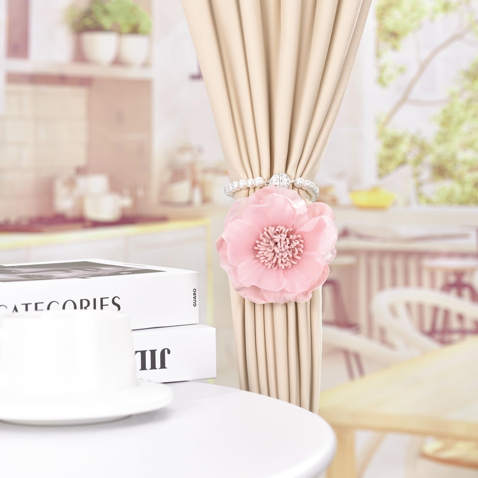 Elegant Pearl Magnetic Curtain Tieback with Handmade Flower Decorative Drapery Holdbacks Rope Holder