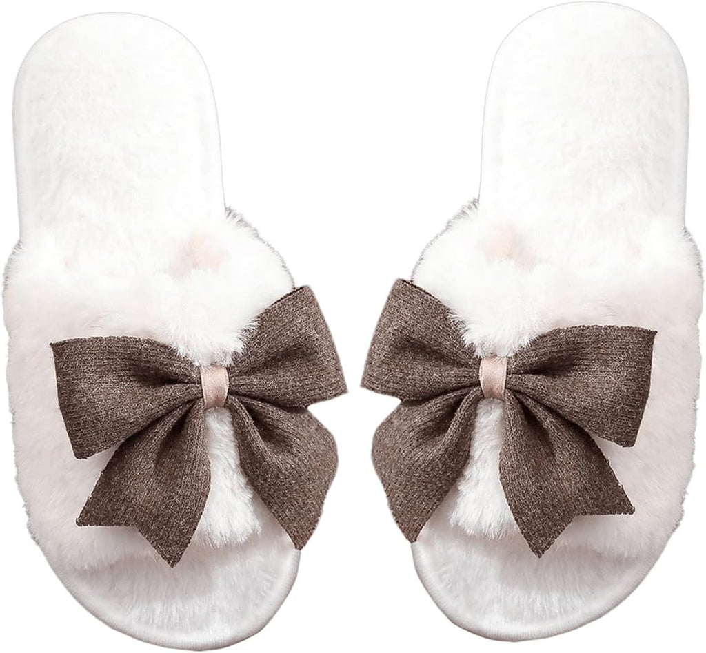 Women's Cute Bow Decor Fuzzy Open Toe Indoor Home Slippers Fashionable Warm Comfy Furry Outdoor Slippers