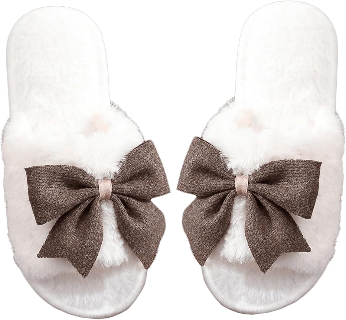 Women's Cute Bow Decor Fuzzy Open Toe Indoor Home Slippers Fashionable Warm Comfy Furry Outdoor Slippers