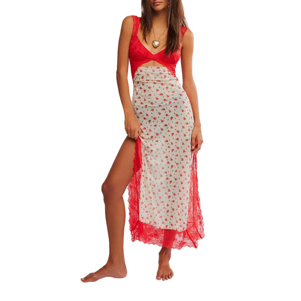 Women Sleeveless Maxi Dress Backless Bodycon Floral Printed Spaghetti Strap Long Dress Sheer Mesh Summer One-Piece