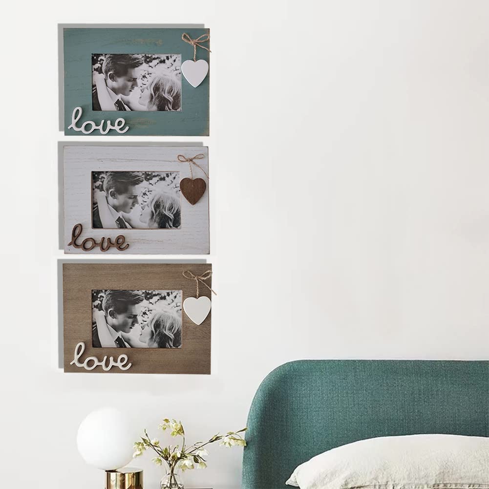 Love Picture Frame with Heart for Table Top and Wall Mounting-Distressed Wooden Photo Frame HD Glass Inside