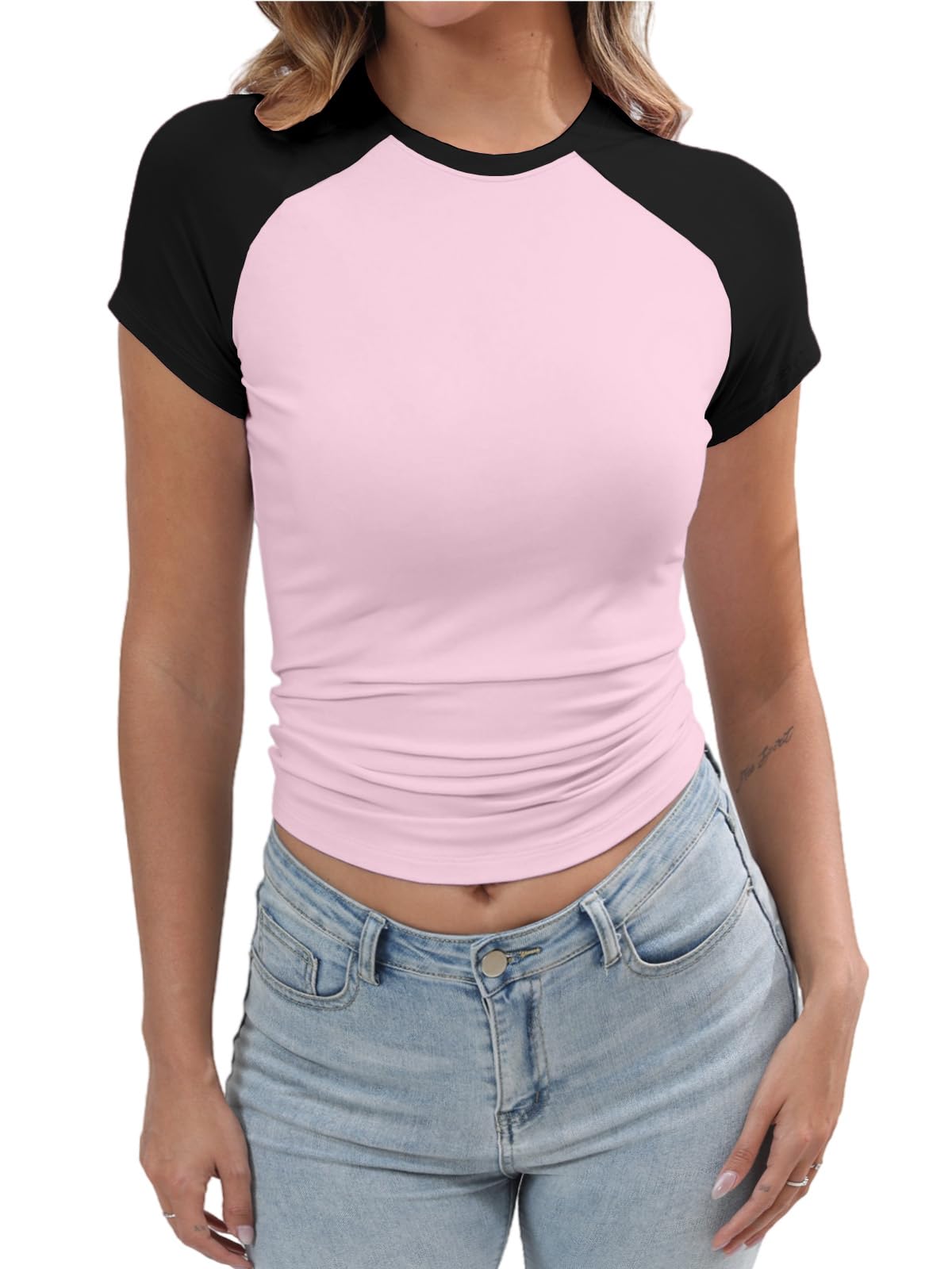 Women's Y2K Basic Shirts Short Sleeve Crewneck Slim Fit Stretchy Slightly Crop Top