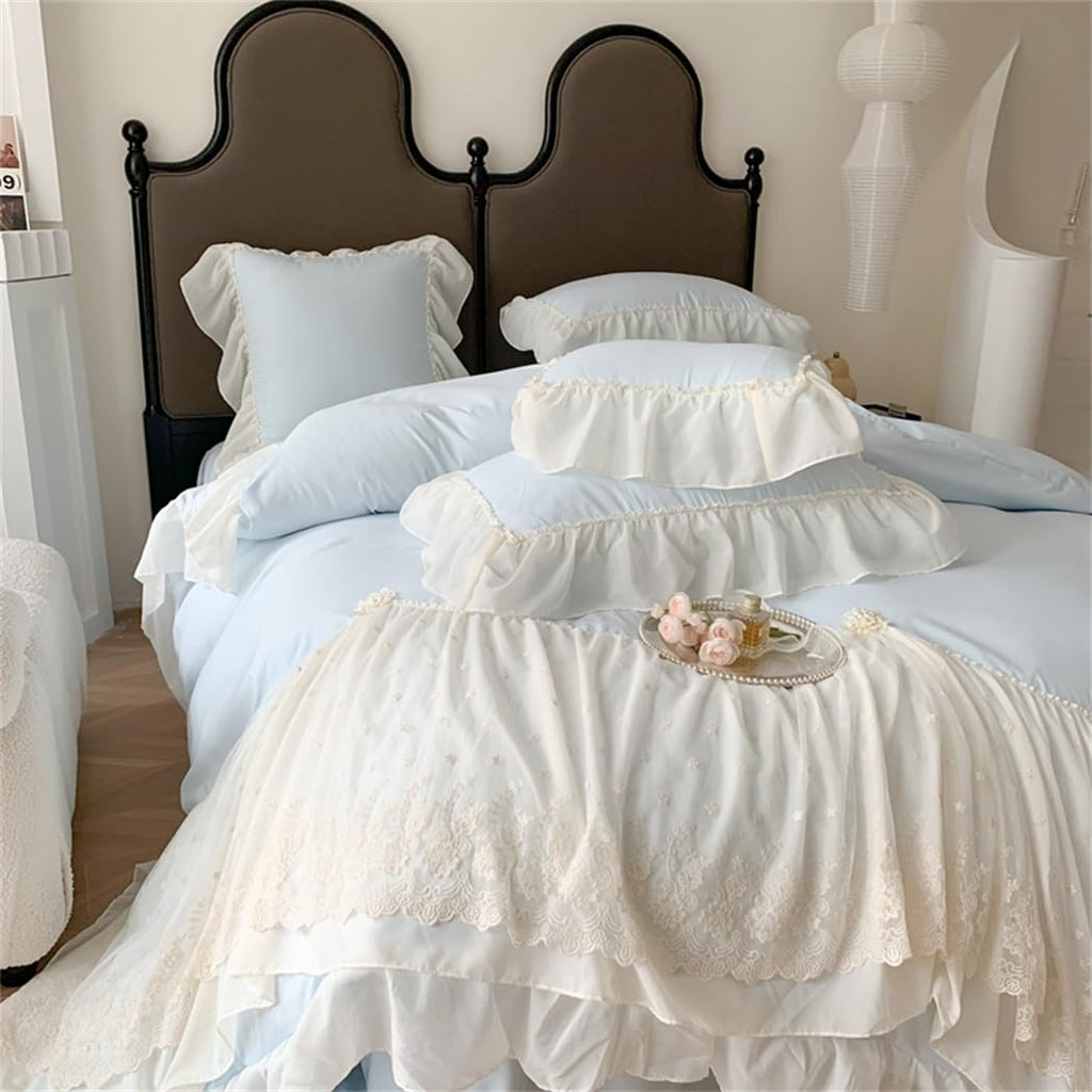 Lace Duvet Cover - Chiffon Ruffled Beddding Set with Flower, 3 Pieces Comforter Cover Set with Zipper Closure and Pillowcase