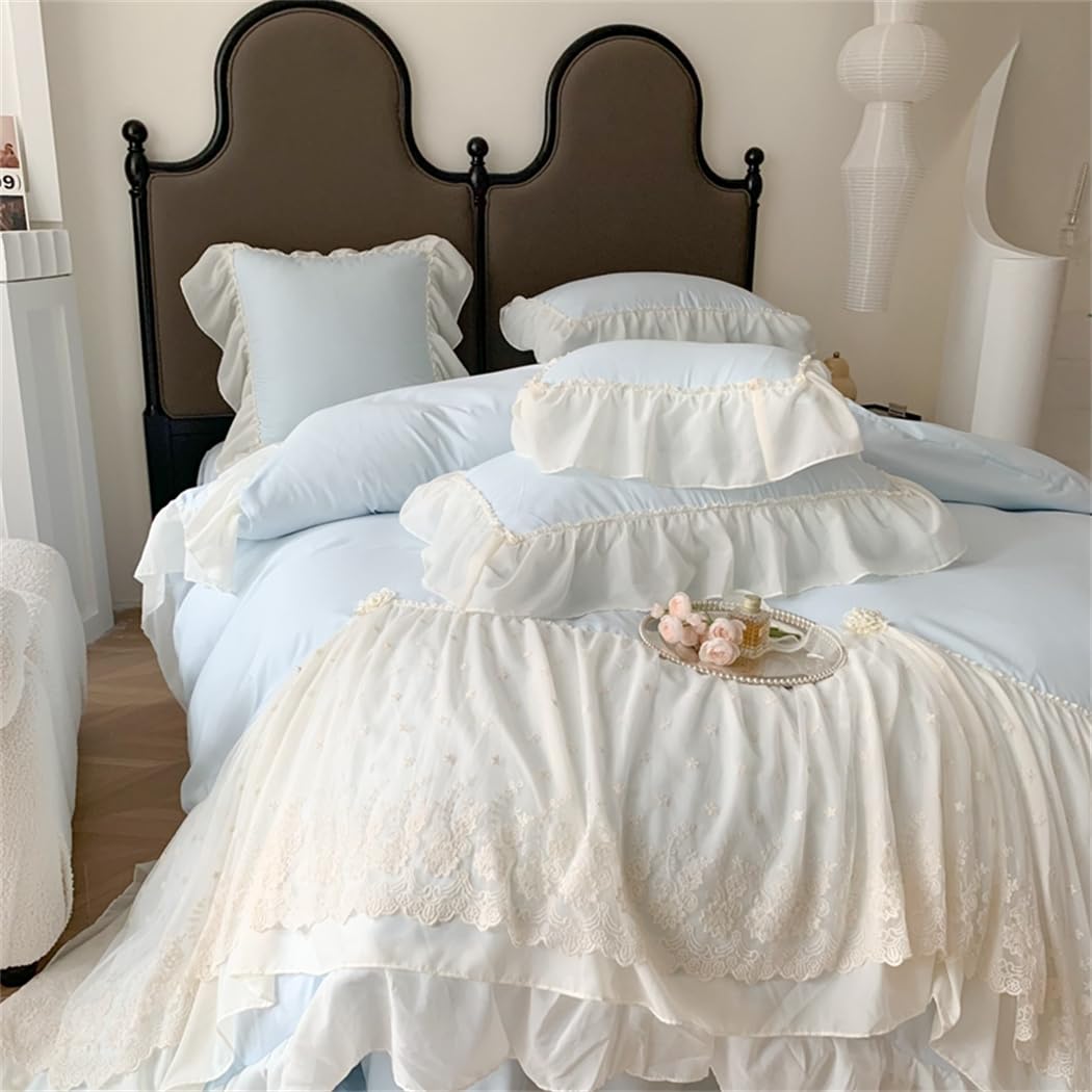 Lace Duvet Cover - Chiffon Ruffled Beddding Set with Flower, 3 Pieces Comforter Cover Set with Zipper Closure and Pillowcase