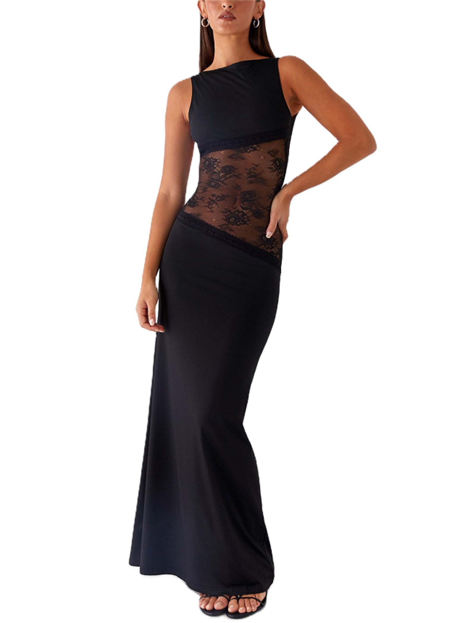 Women Sexy Hollow Out Maxi Dress Sleeveless Backless Lace Pachwork Bodycon Long Dress Y2k Dress