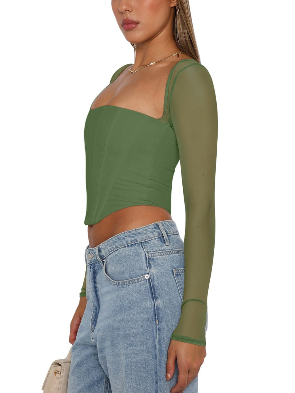 Women's Sexy Sheer Long-Sleeve Corset â€?Y2K Square Neck, Cropped Party Top
