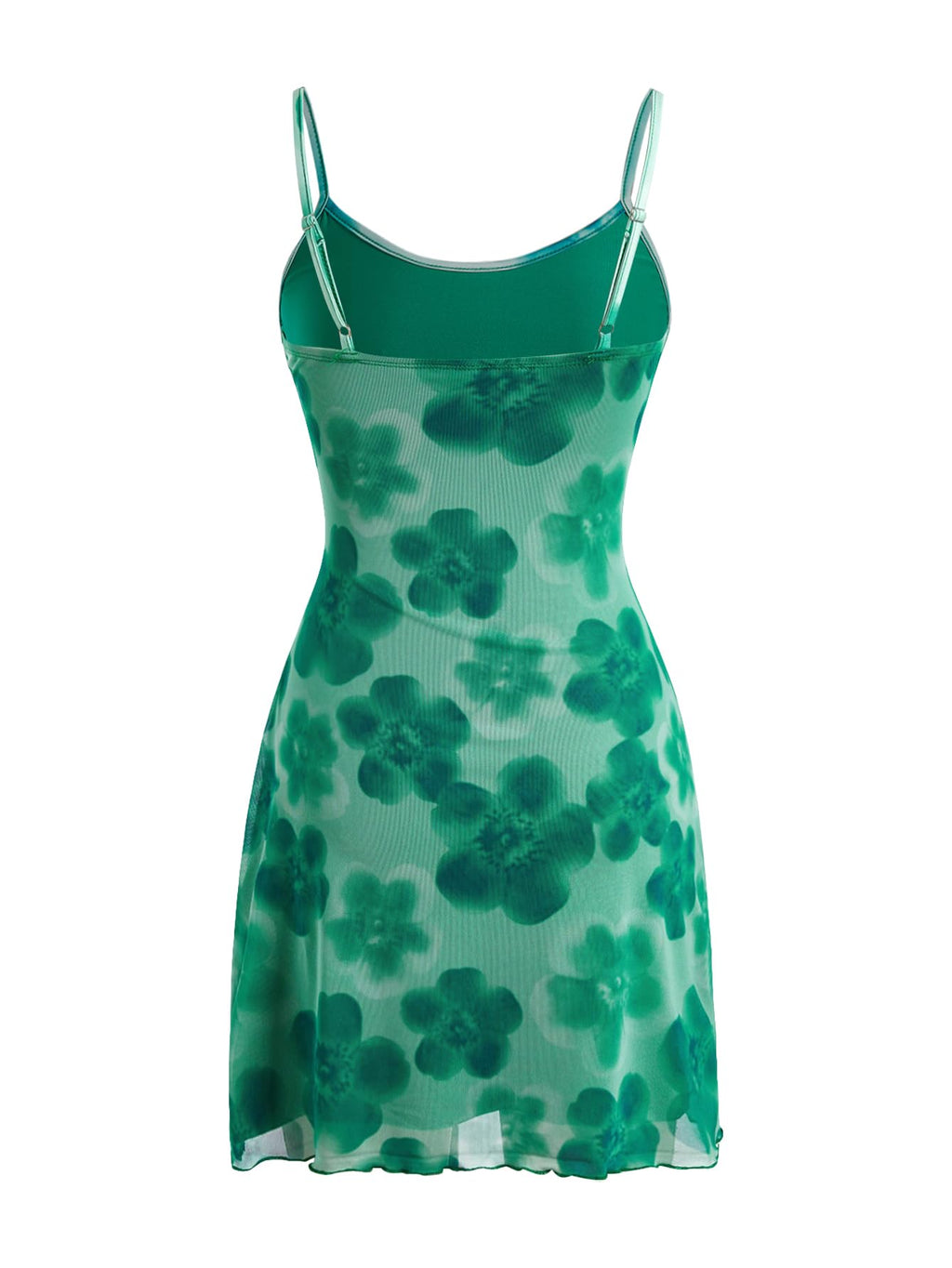 Women's Floral Mesh Mini Cami Dress Sleeveless Scoop Neck Lettuce Trim Bodycon Dress