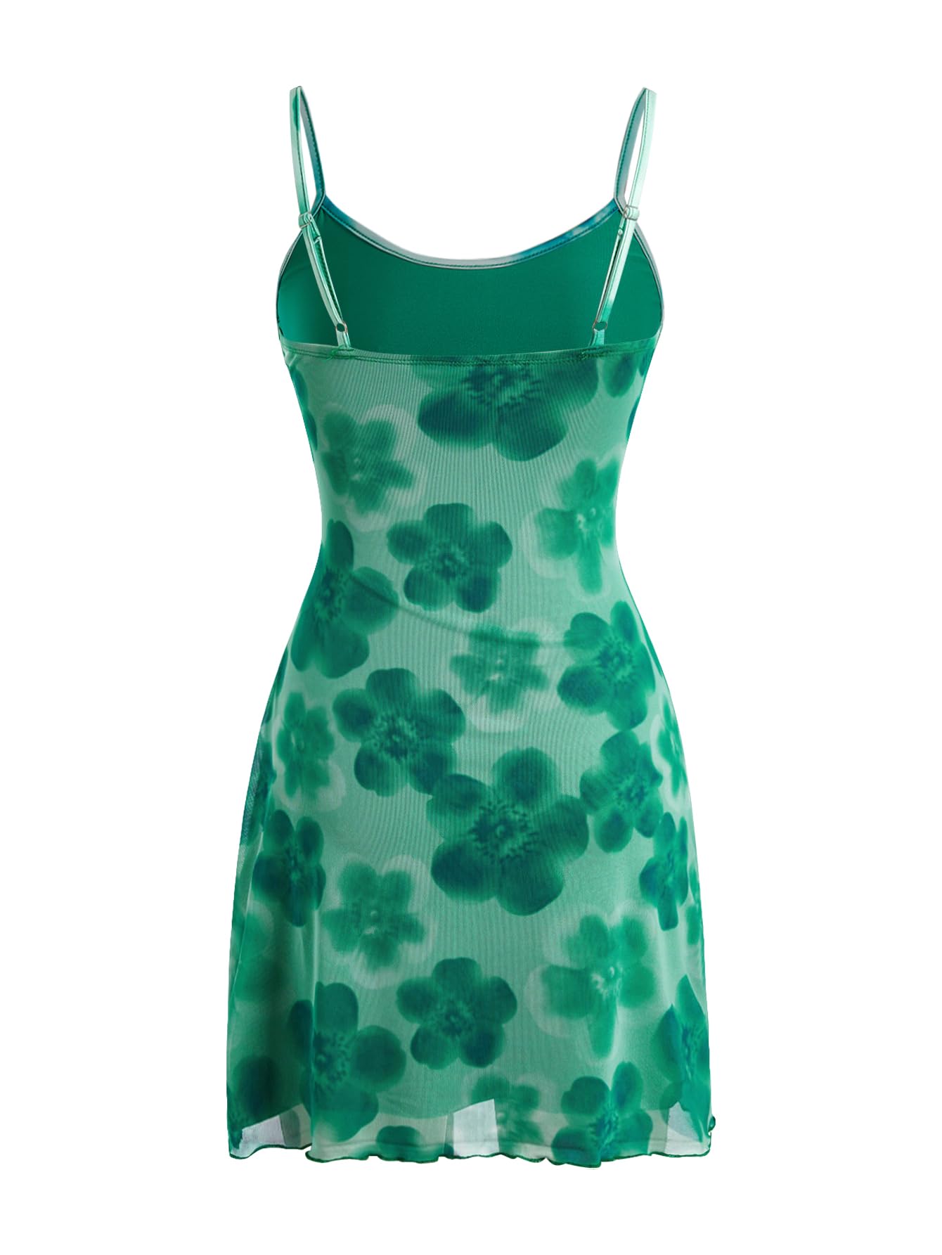 Women's Floral Mesh Mini Cami Dress Sleeveless Scoop Neck Lettuce Trim Bodycon Dress