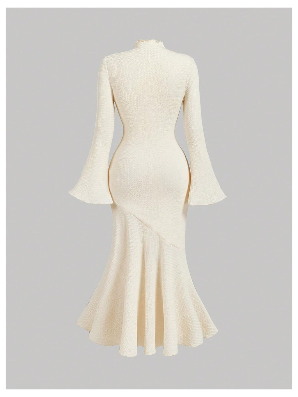 Women's 3D Floral Bell Sleeve Mock Neck Midi Dress Ruffle Hem Bodycon Wedding Guest Dresses