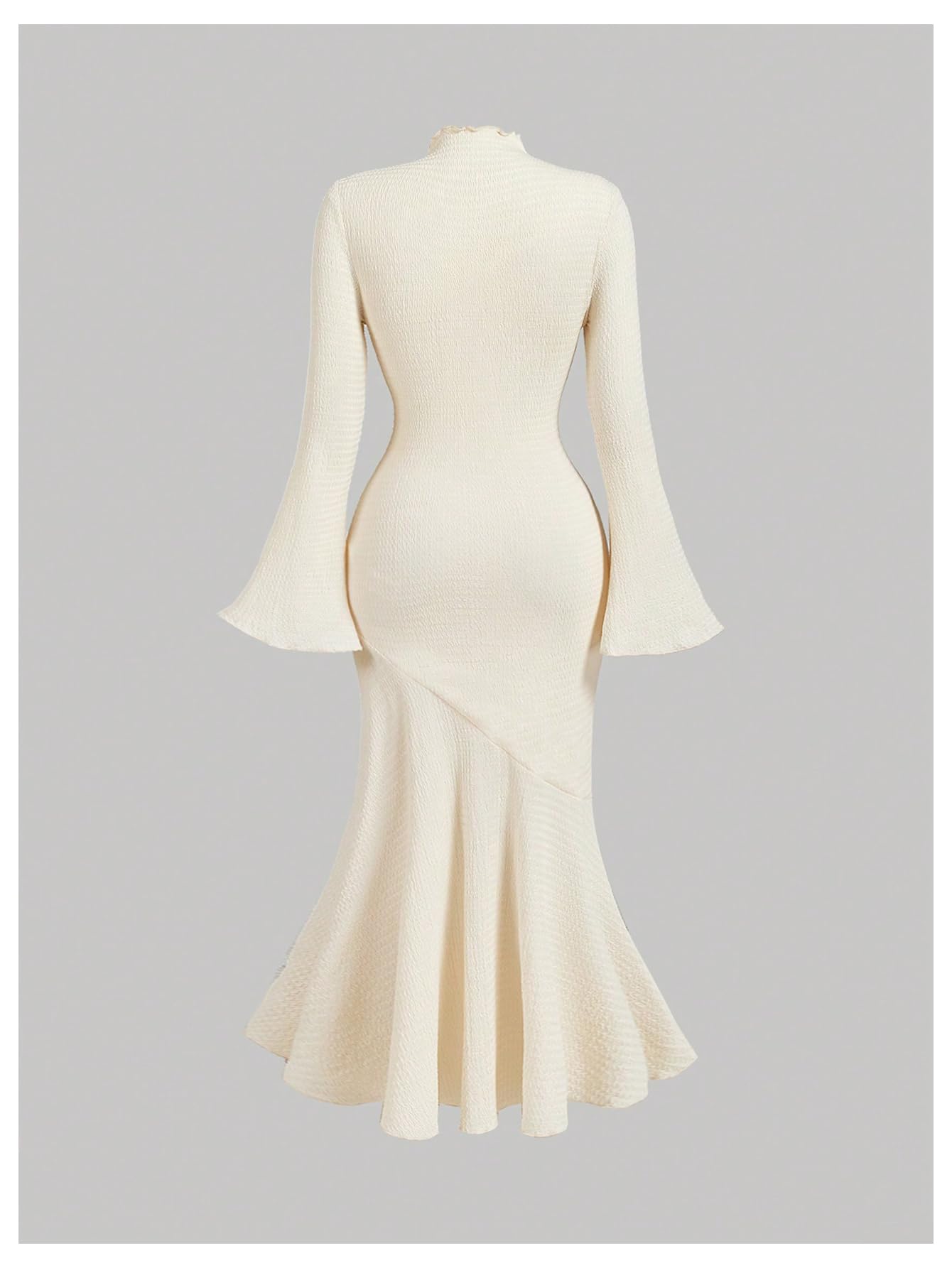 Women's 3D Floral Bell Sleeve Mock Neck Midi Dress Ruffle Hem Bodycon Wedding Guest Dresses