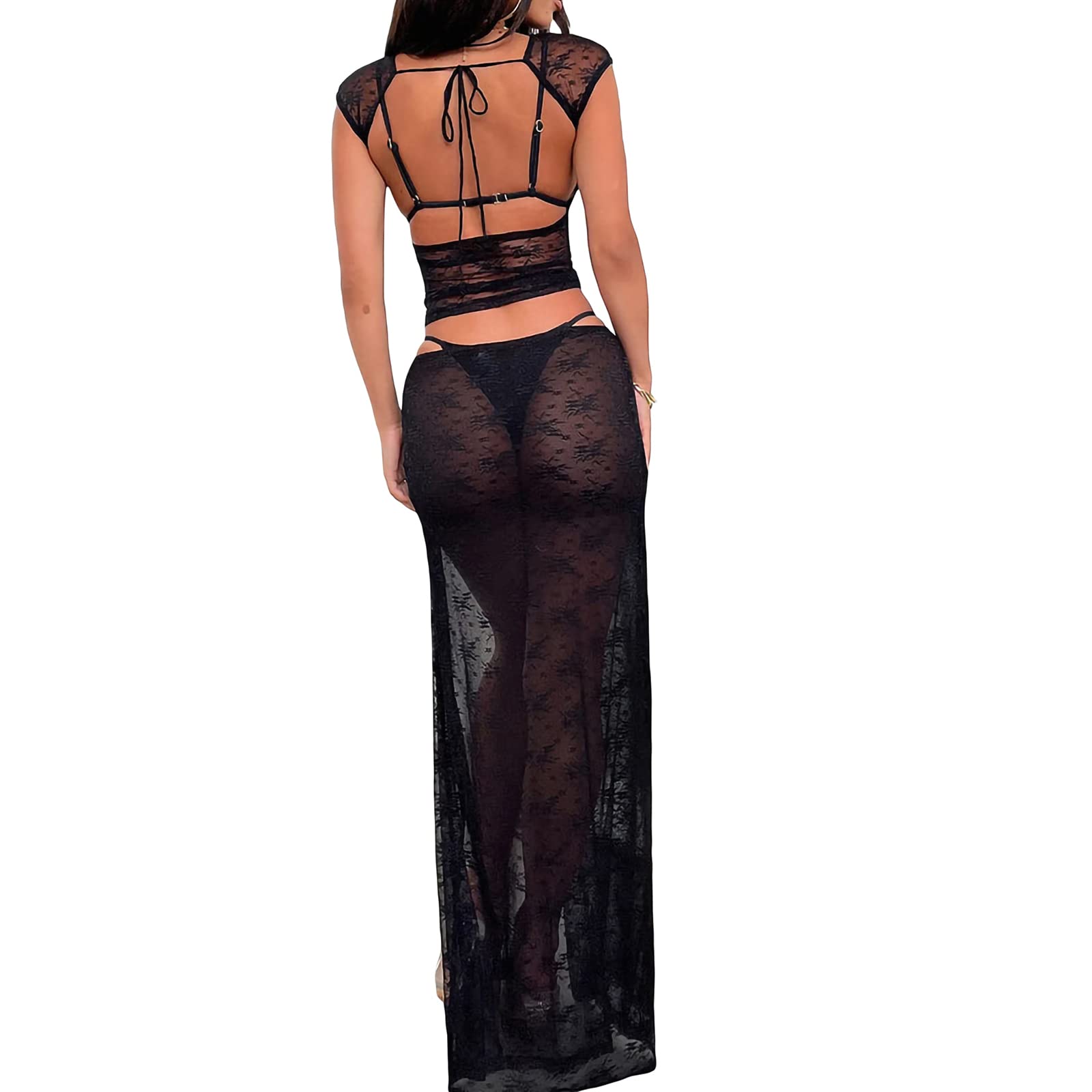 Vintage Lace Maxi Skirt Set Women 2 Piece Outfit Strapless Split Tube Top and Maxi Skirt Set
