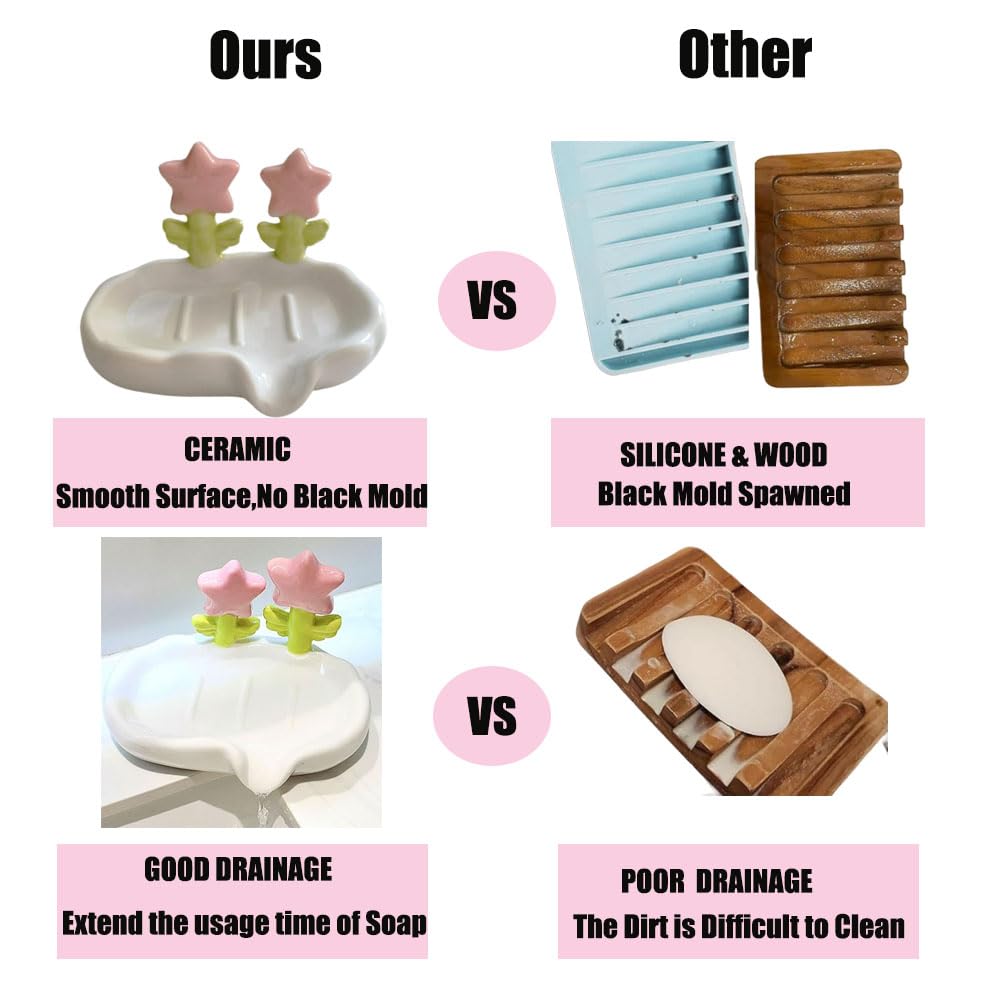 Girly Ceramic Soap Dish - Cute Bathroom Soap Dsih, Adorable Floral Soap Holder for Bathroom Sink Counter, Non-Slip Base