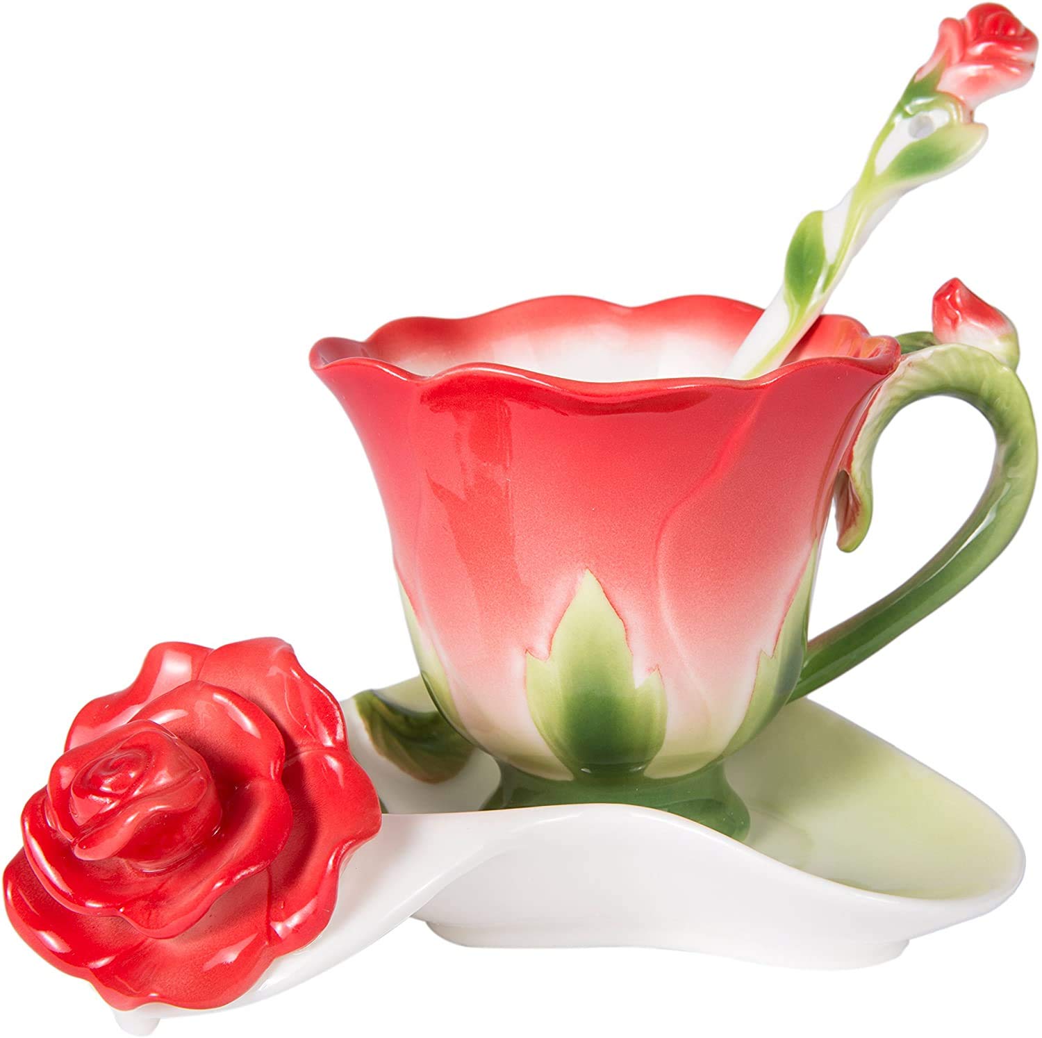 Rose Tea Cup and Saucer -  Set for 1 Ceramic Hand Crafted Rose Flower Cup, 6 Oz