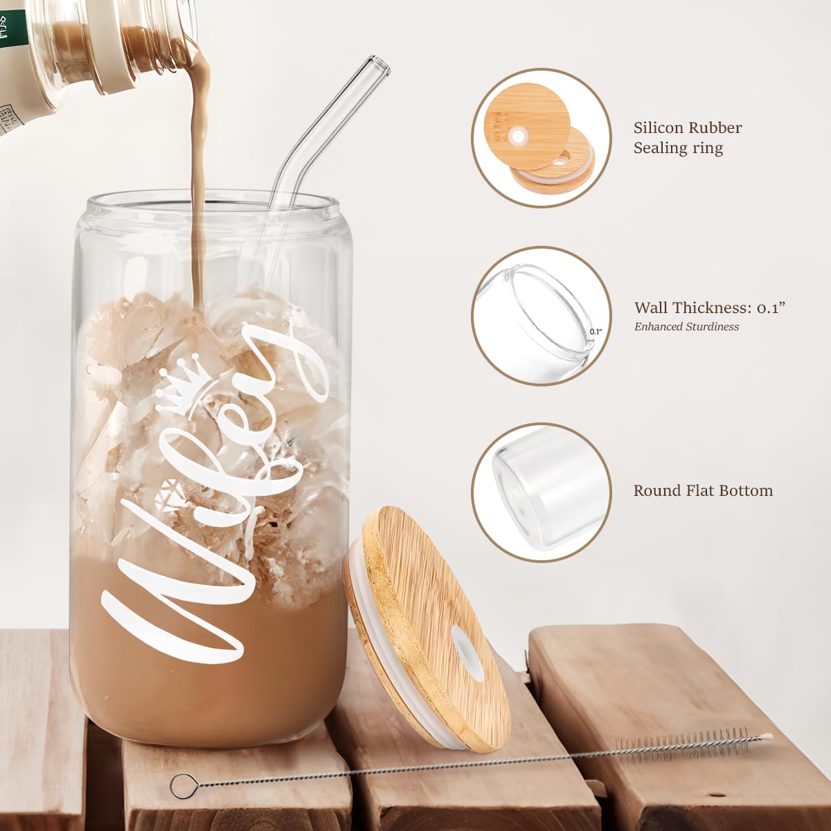 Glass Cup with Lid & Straw, Iced Coffee Aesthetic Glass Can, 16oz