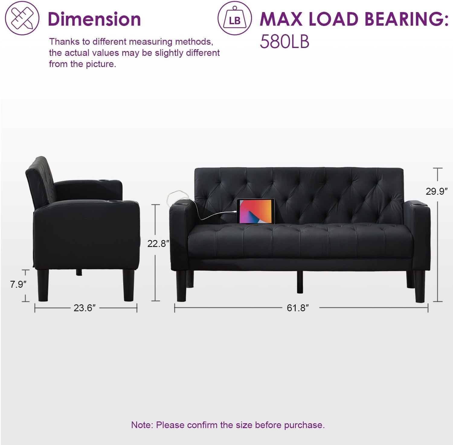 Velvet Loveseat Sofa w/ 2 USB Charger Ports and 2 Cupholders, Mid-Century Modern Tufted