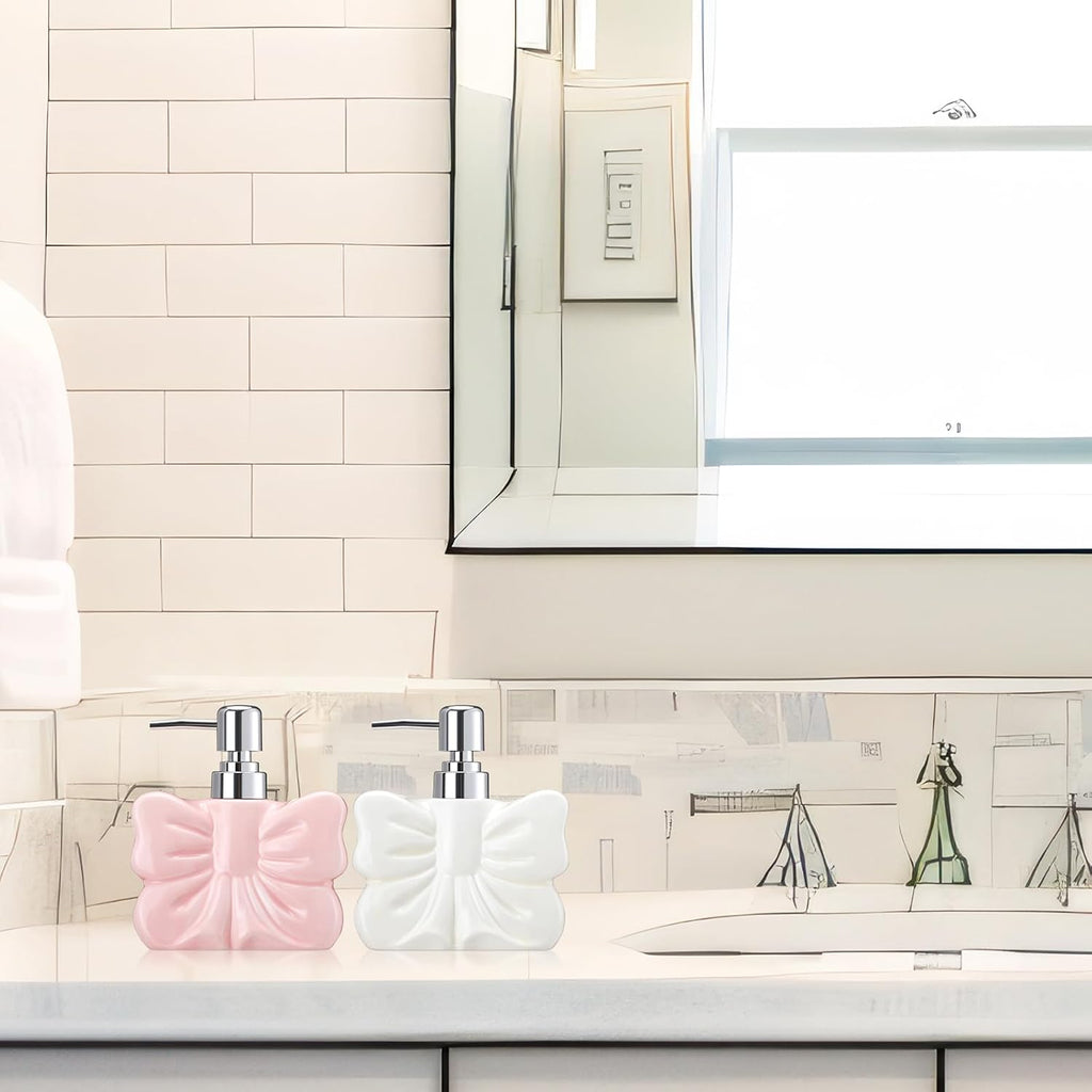 Ceramic Bow Shape Soap Dispensers Cute White and Pink - Coquette Bow Hand Sanitizer Bottle 12 oz Hand Soap Dispenser with Pump Bathroom Lotion Dispenser for Bathroom Kitchen Countertop 2 Pack
