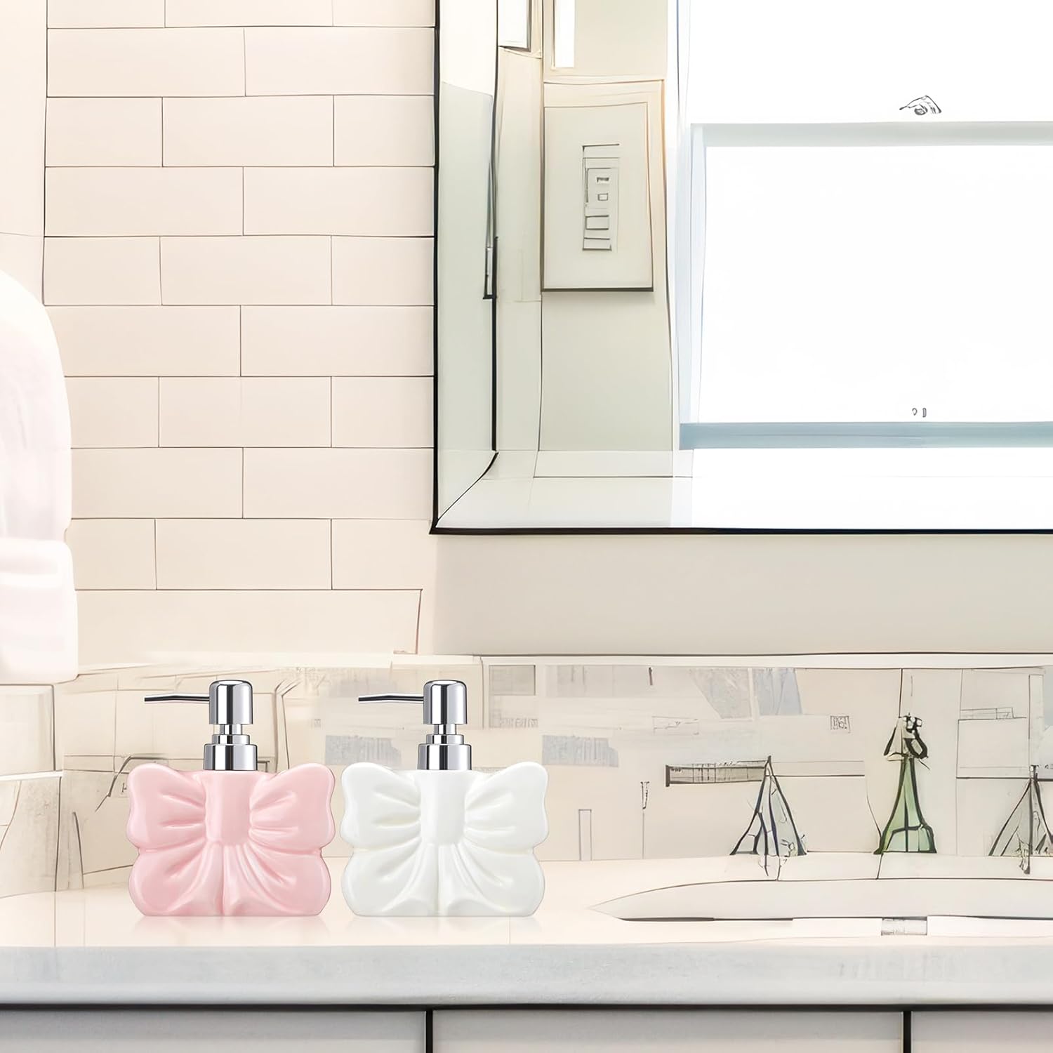 Ceramic Bow Shape Soap Dispensers Cute White and Pink - Coquette Bow Hand Sanitizer Bottle 12 oz Hand Soap Dispenser with Pump Bathroom Lotion Dispenser for Bathroom Kitchen Countertop 2 Pack