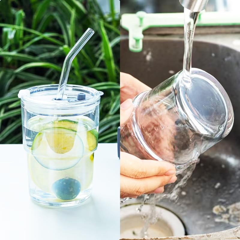 Glass Tumbler with Straw and Lid Sealed, Carry On Reusable Iced Coffee Cups,Thick Wall Glass Drinking Glassware Cups 13oz