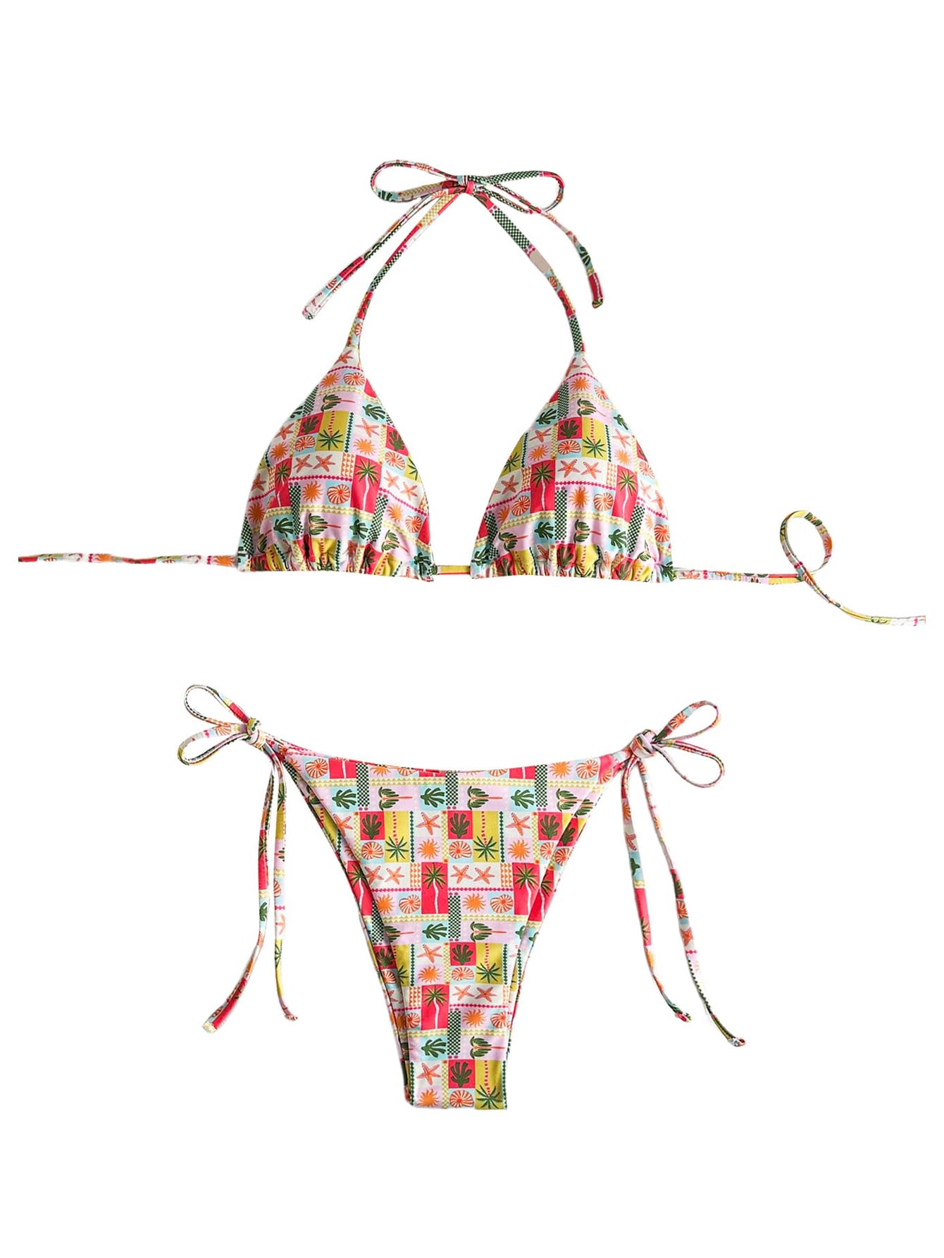 Women's Bikini Sets Tie Side Bathing Suits Tropical Print Triangle Tie Back Cheeky Swimsuit