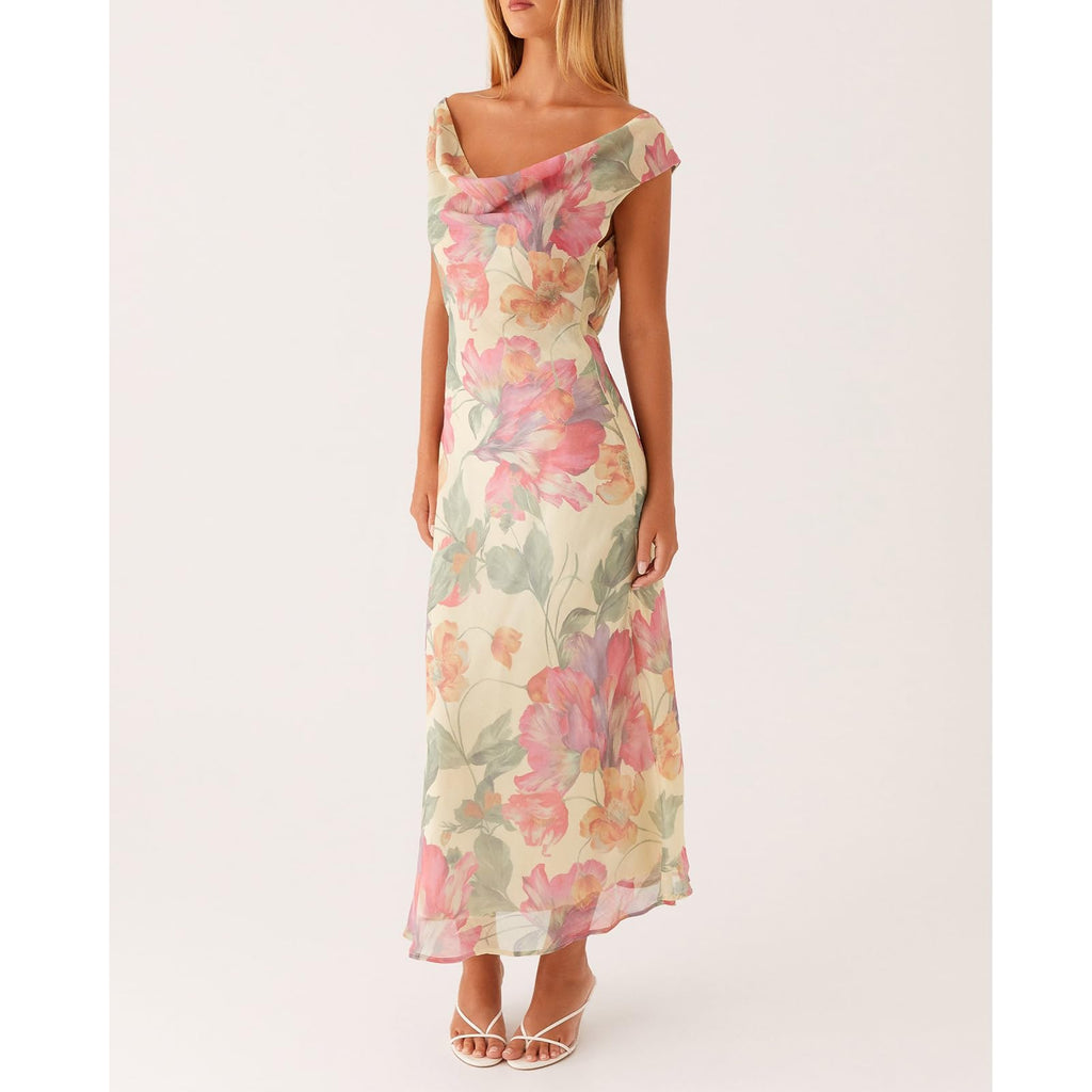 Women Floral Slip Dress Spaghetti Strap Maxi Dress Backless Slim Fit Long Dresses Flowers Print Going Out Dress