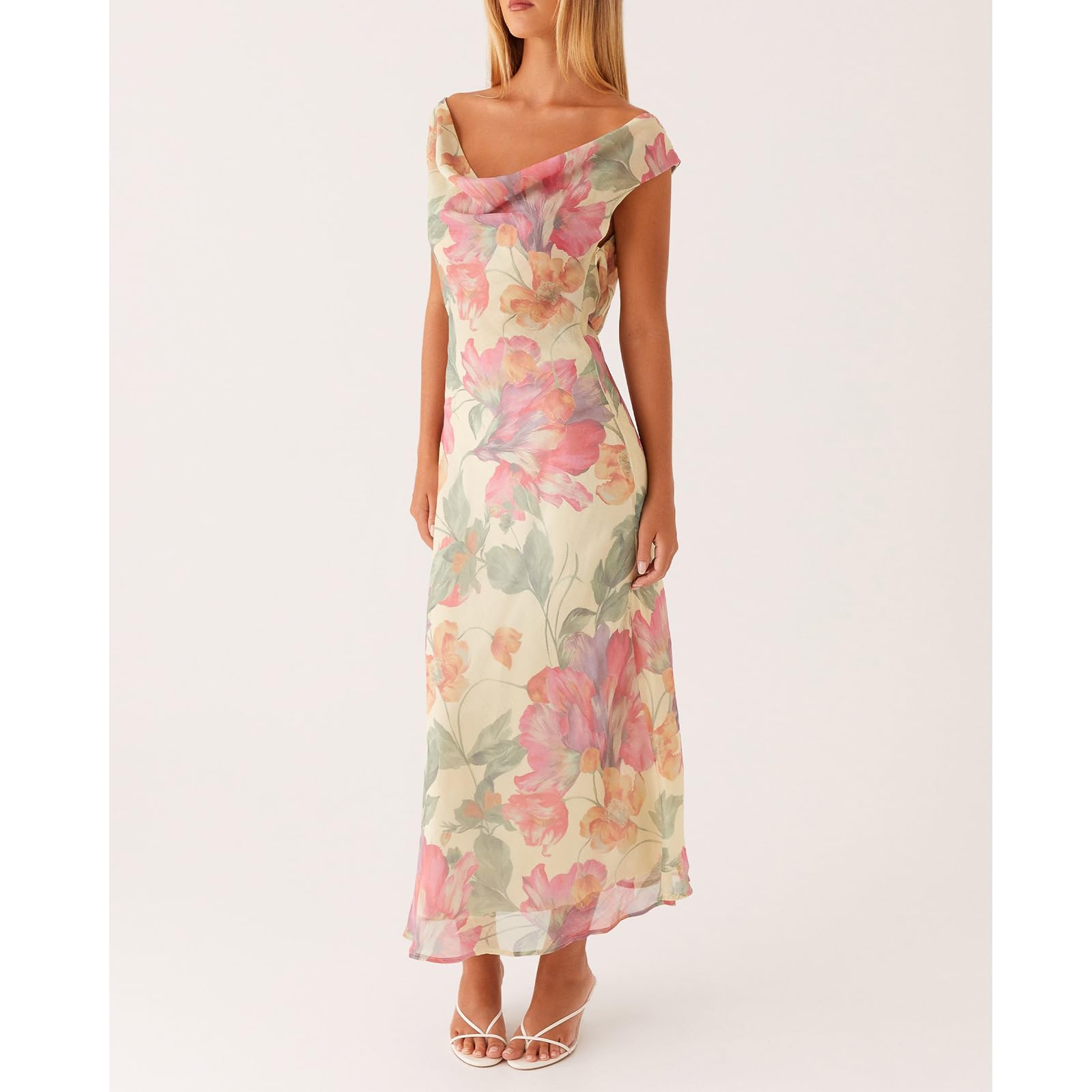 Women Floral Slip Dress Spaghetti Strap Maxi Dress Backless Slim Fit Long Dresses Flowers Print Going Out Dress