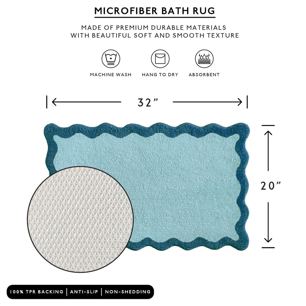 Wavy Bath Mat with Scalloped Ripple Design, Microfiber Absorbent Non Slip Tufted Rug