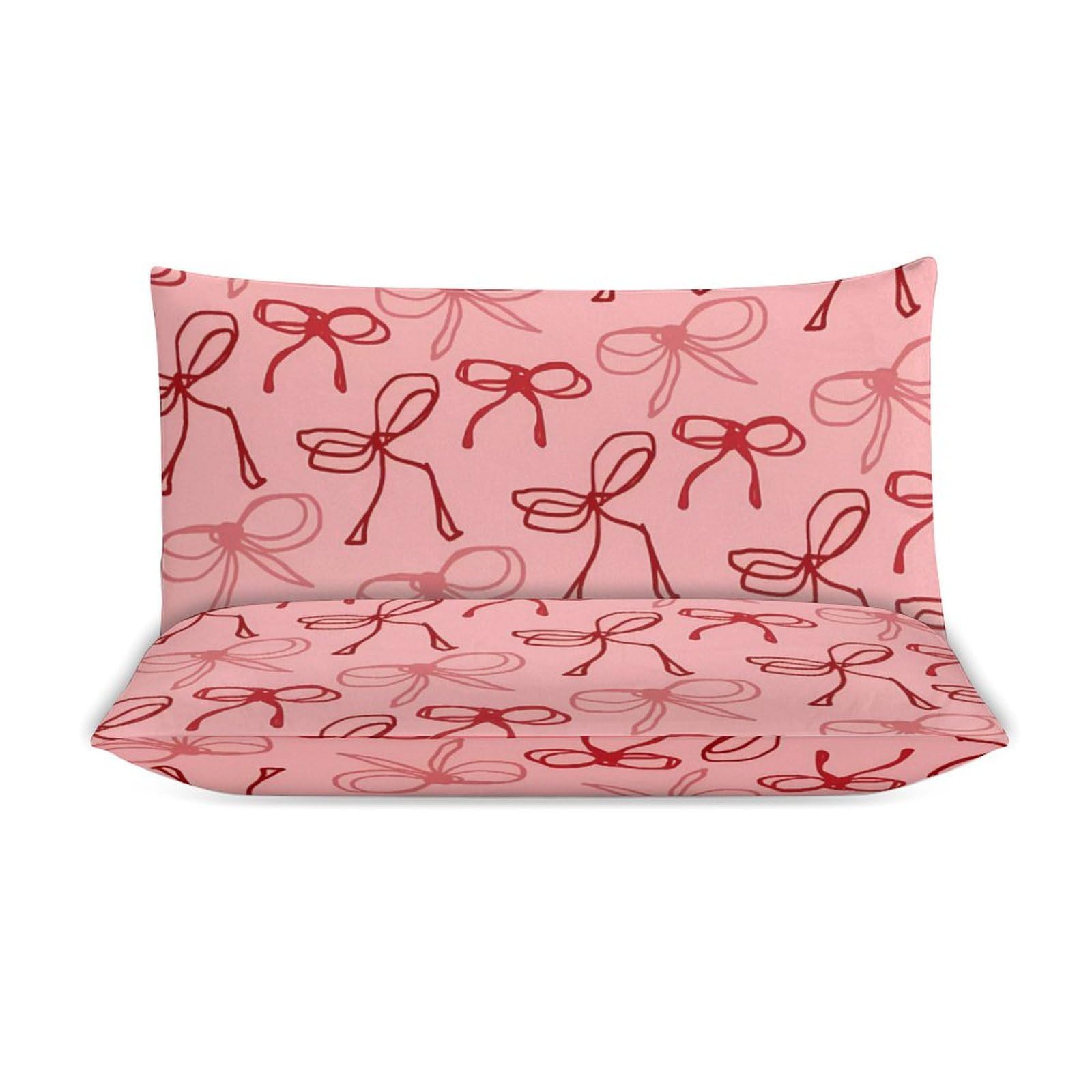 Pink Red Bow Comforter Set Duvet Cover Quilt Cover Set Ultra Soft Bed Cover (1 Duvet Cover+2 Pillowcases)