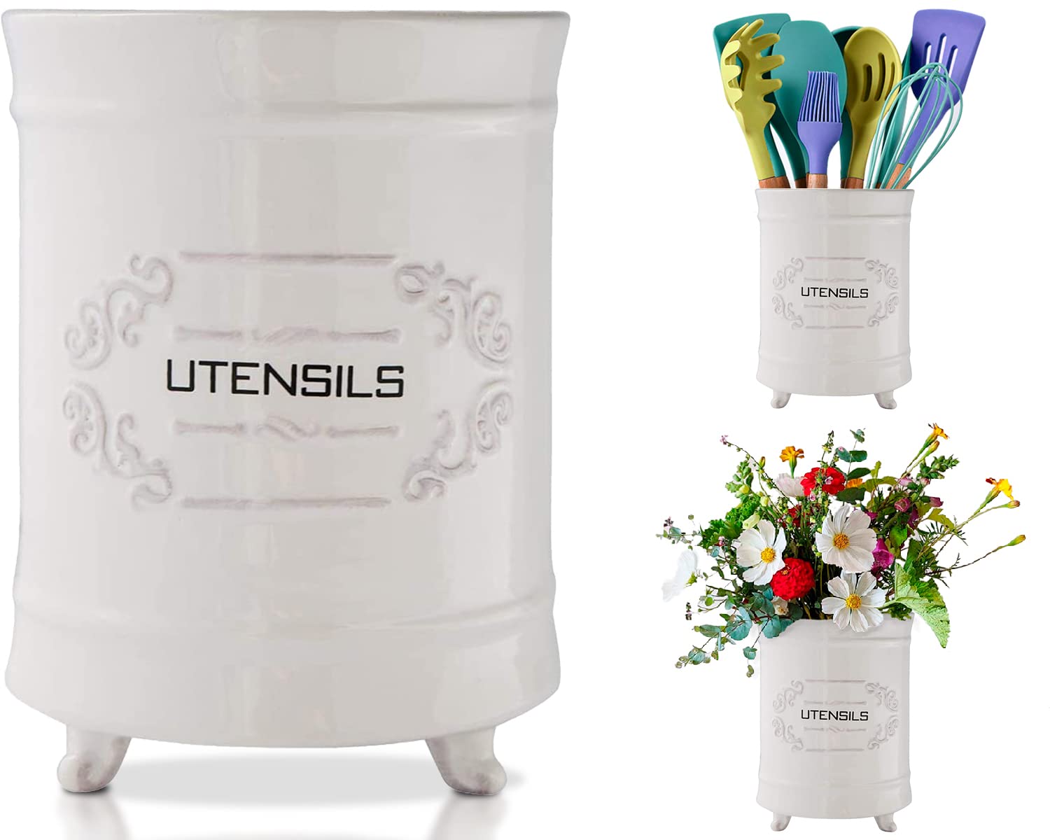 Vintage Style Kitchen Utensil Caddy - Antique Design Cooking Utensil Organizer - Rustic French Country Utensil Crock for Cooking Enthuziast