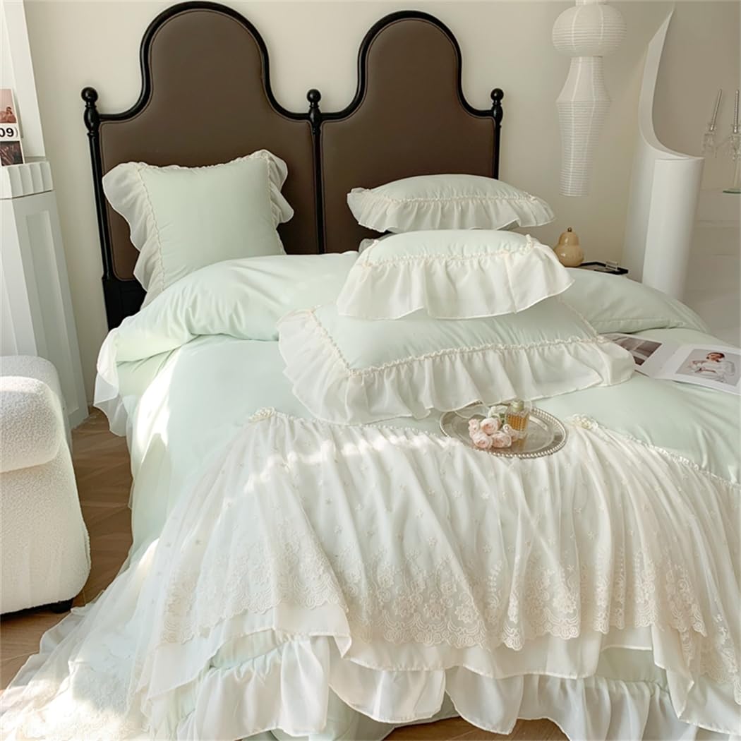 Lace Duvet Cover - Chiffon Ruffled Beddding Set with Flower, 3 Pieces Comforter Cover Set with Zipper Closure and Pillowcase