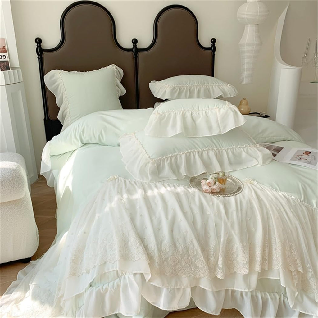 Lace Duvet Cover - Chiffon Ruffled Beddding Set with Flower, 3 Pieces Comforter Cover Set with Zipper Closure and Pillowcase