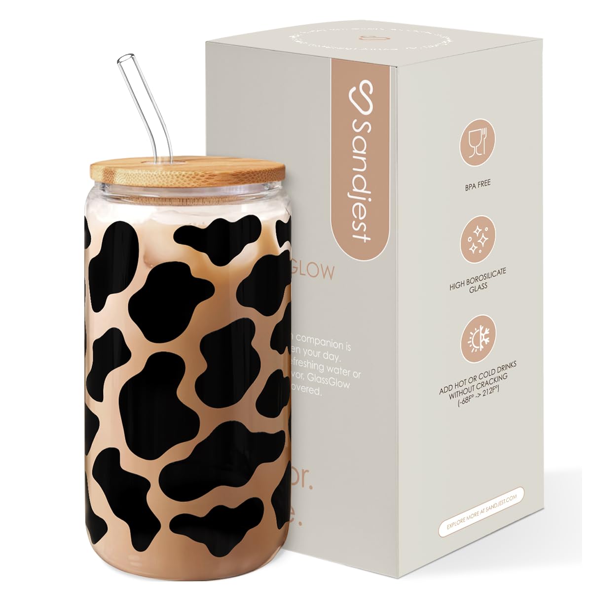 Glass Cup with Lid & Straw, Iced Coffee Aesthetic Glass Can, 16oz