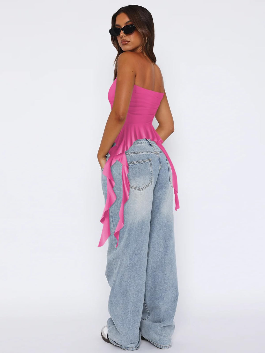 Women Strapless Tops Ruffled Asymmetrical Hem Tube Tops Ruched Bandeau Cami Tanks