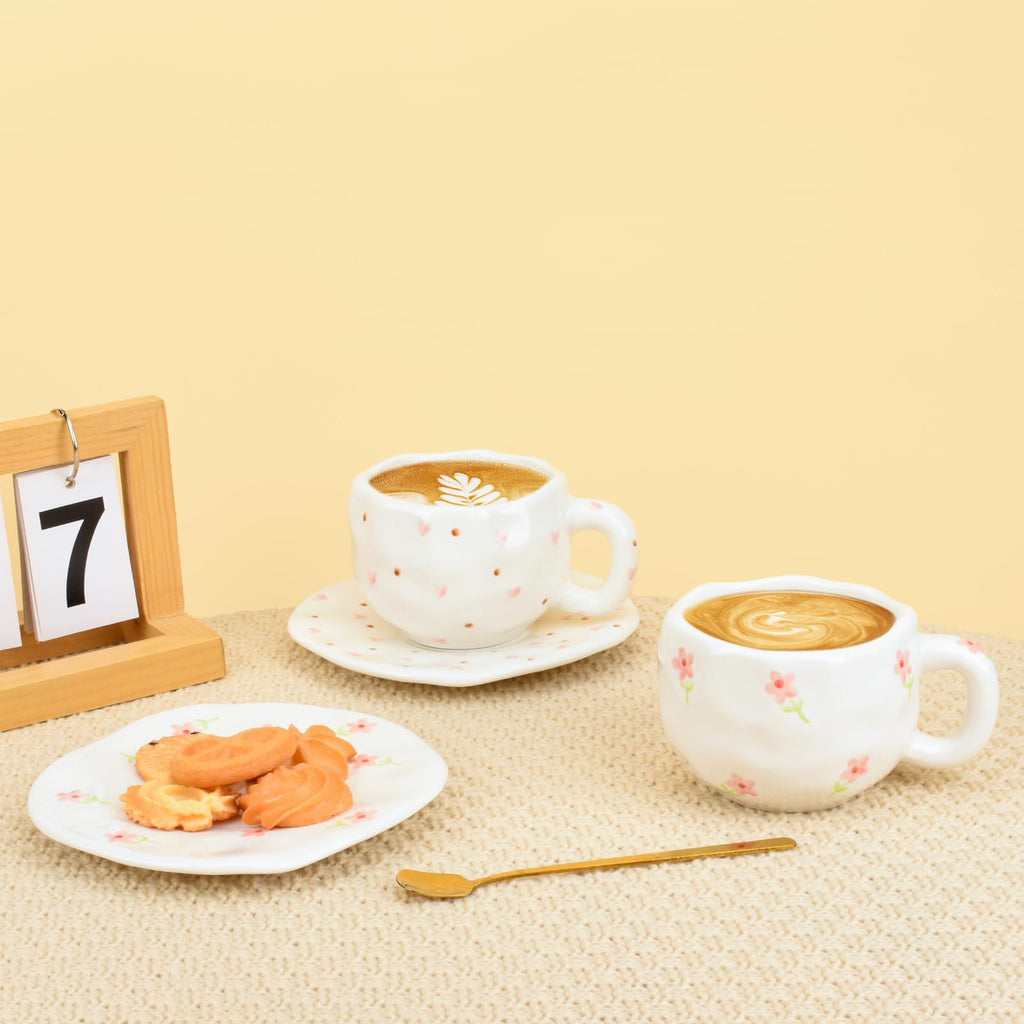 Ceramic Coffee Mug with Saucer Set, Cute Creative Cup Unique Irregular Design, 10 oz/300 ml