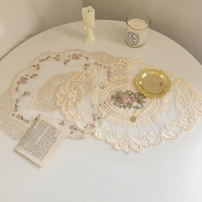 Retro Lace Placemats, French Crochet Doilies, Handmade Embroidered Table Mats, 12x16-in Beige Place Mats Cup Mat