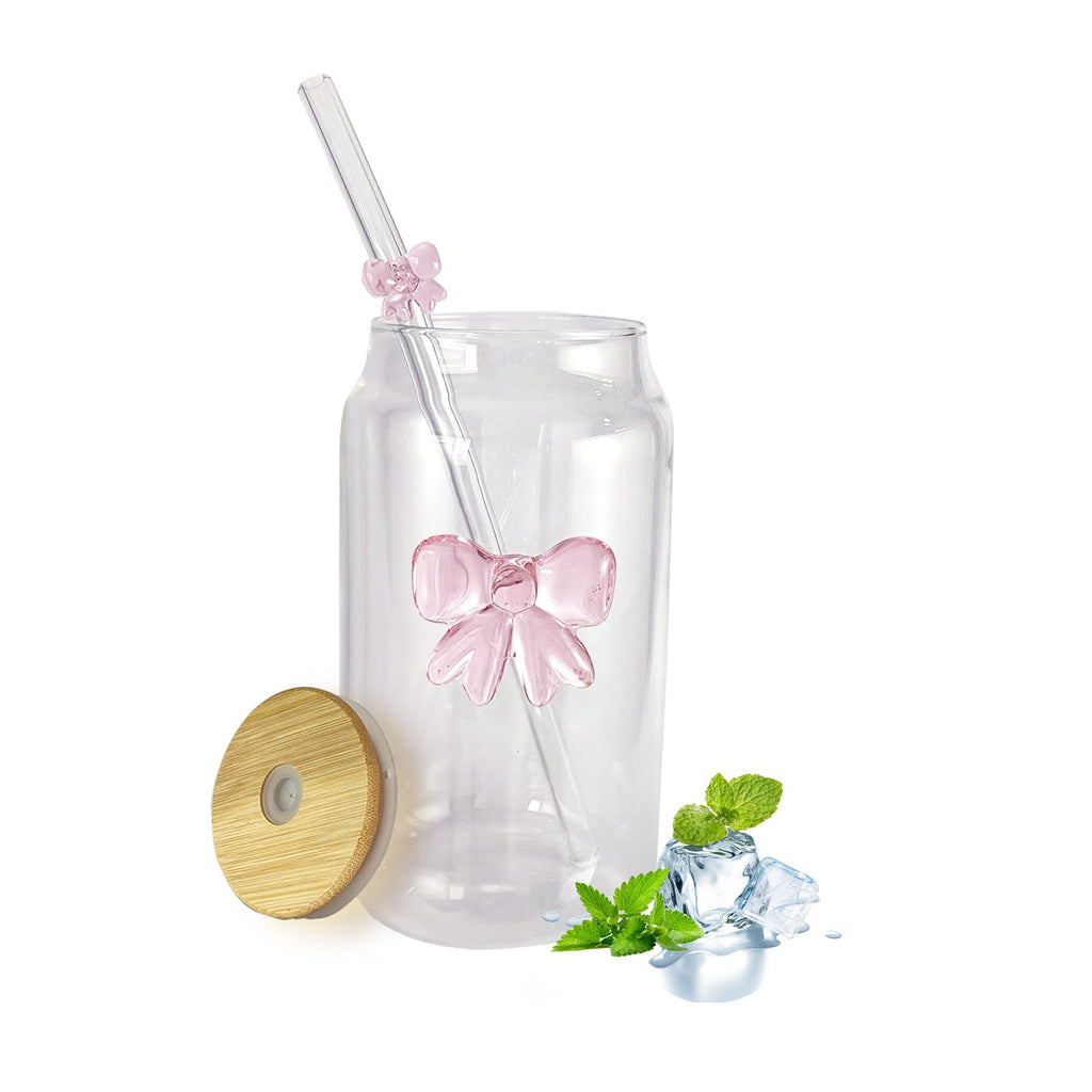 Coquette Aesthetic 3D Pink Bow Glass Cup with Bamboo Lid & Straw,16oz Cute Glass Cups with Lids and Straws,Bow Tumbler for Iced Coffee/Matcha, with１Cleaning Brush