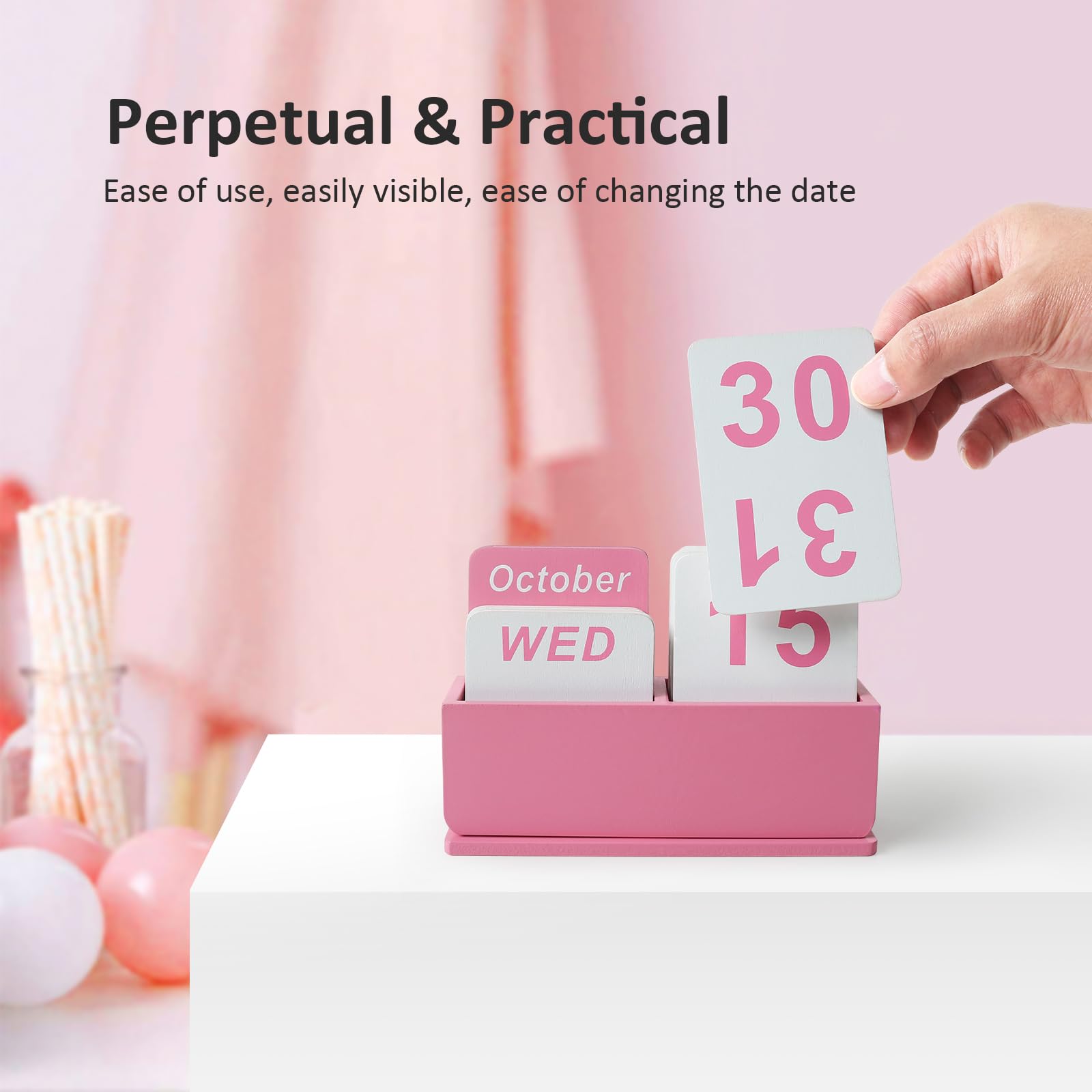 Wooden Block Perpetual Calendar for Desk, Daily Desktop Standing Flip Calendar with Large Display