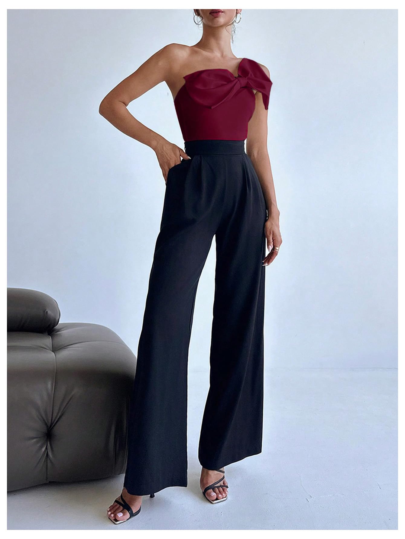 Women's One Shoulder Sleeveless Big Bow Front Elegant Fitted Tank Top Bodysuit