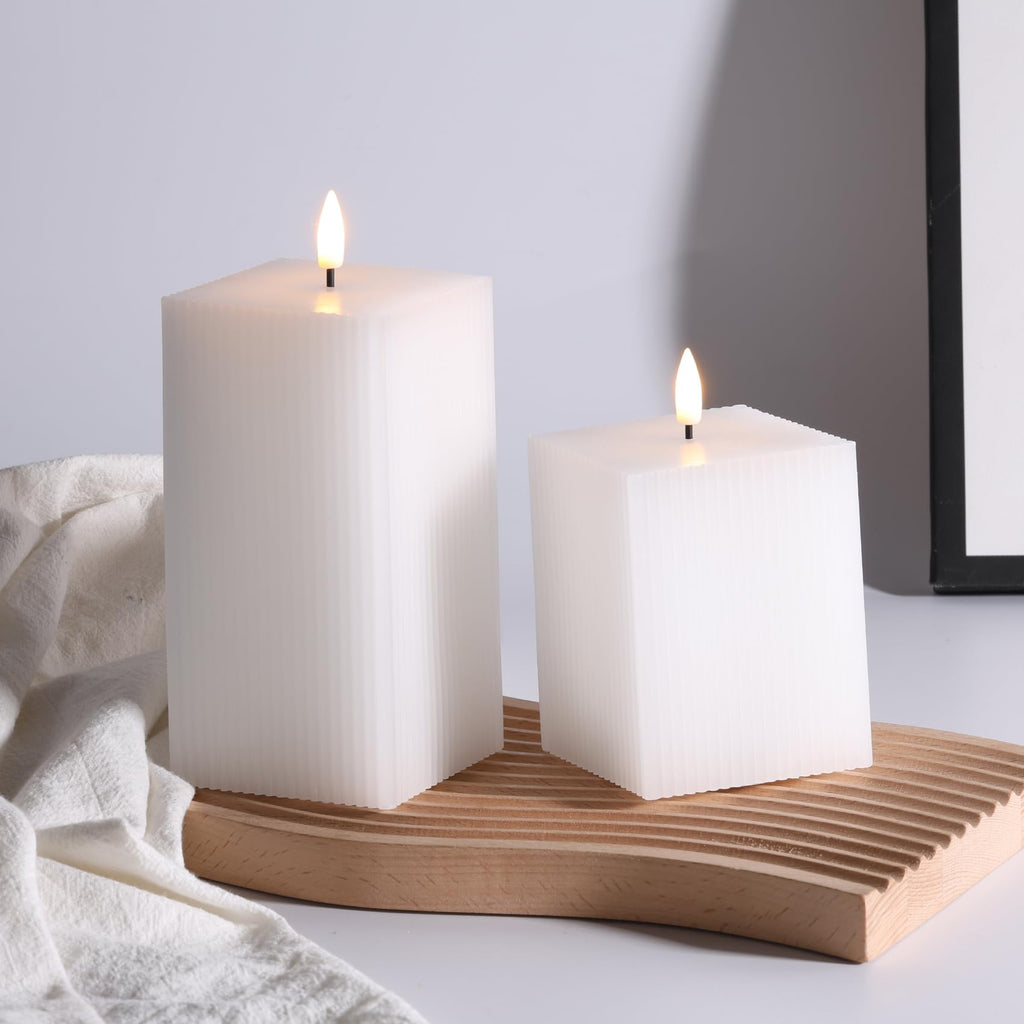 Square Ribbed Flameless Candles with Remote, Flickering Real Wax Battery LED Candles 3" H 4" 6"