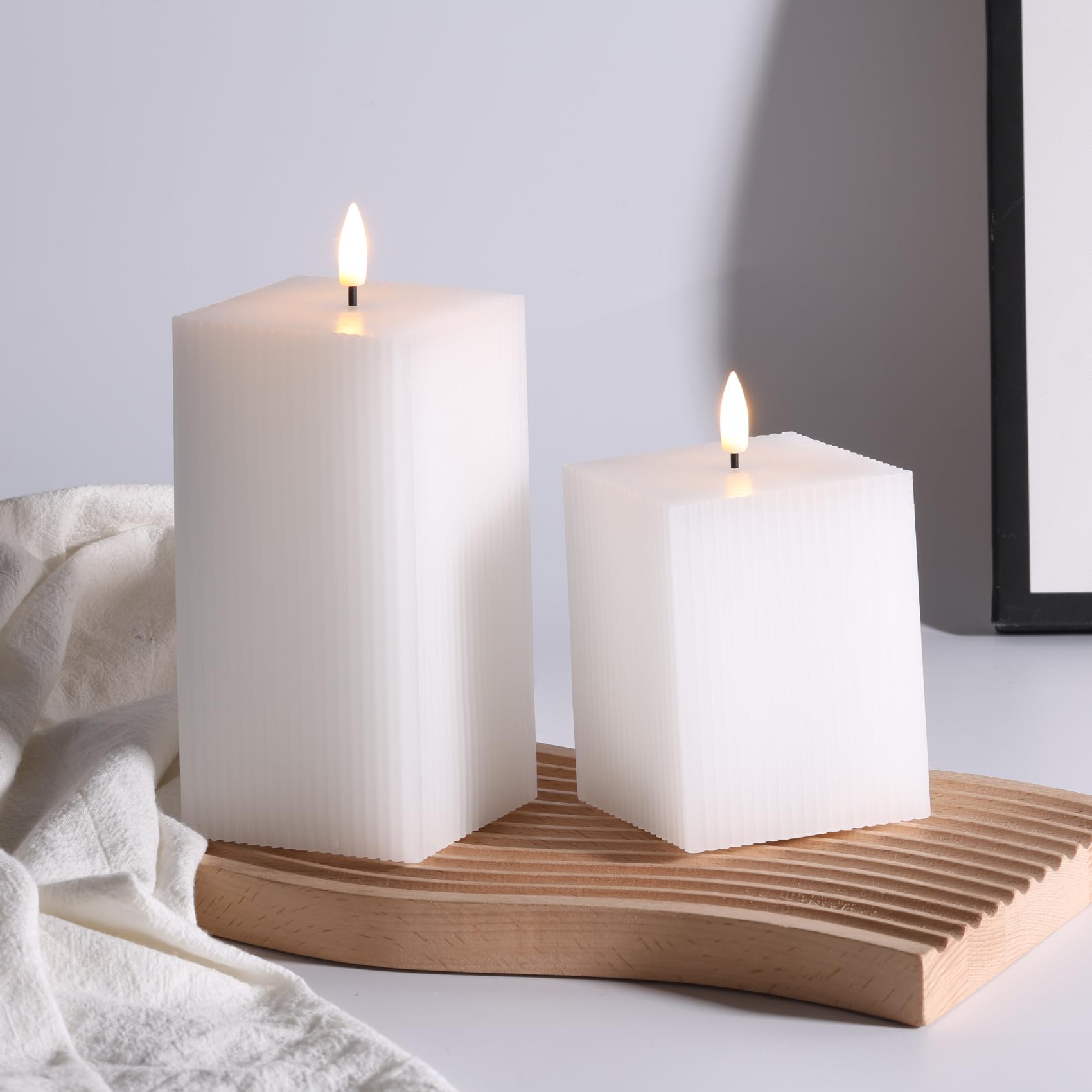 Square Ribbed Flameless Candles with Remote, Flickering Real Wax Battery LED Candles 3" H 4" 6"