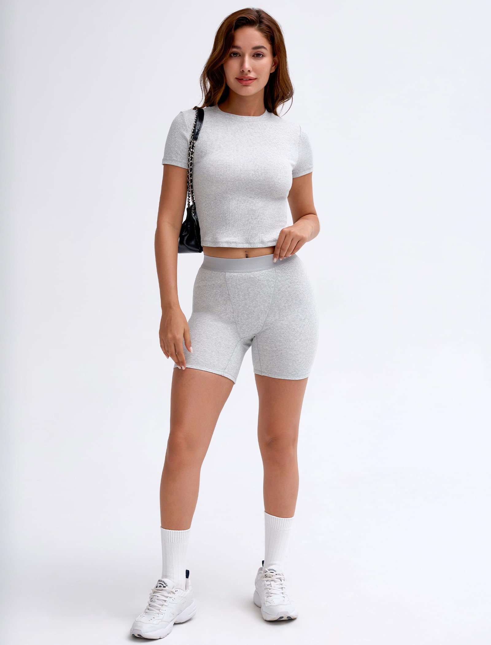 Two Piece Outfits for Women Matching Set Tracksuit Casual Workout Clothes Cotton Ribbed T-shirt Boxer Shorts