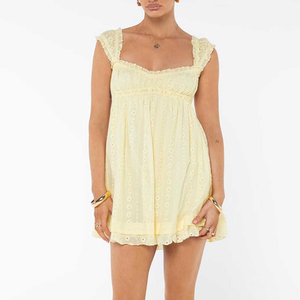 Womens Summer Sleeveless Floral Embroidery Loose A-line Dress for Beach Club Party