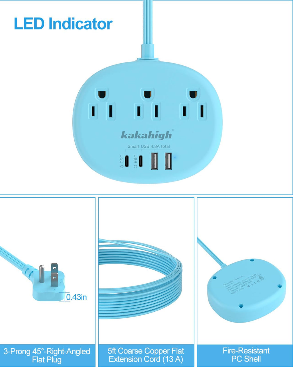 Cute Surge Protector â€?5FT Flat Extension Cord, 3 Outlets, 4 USB Ports (24W)