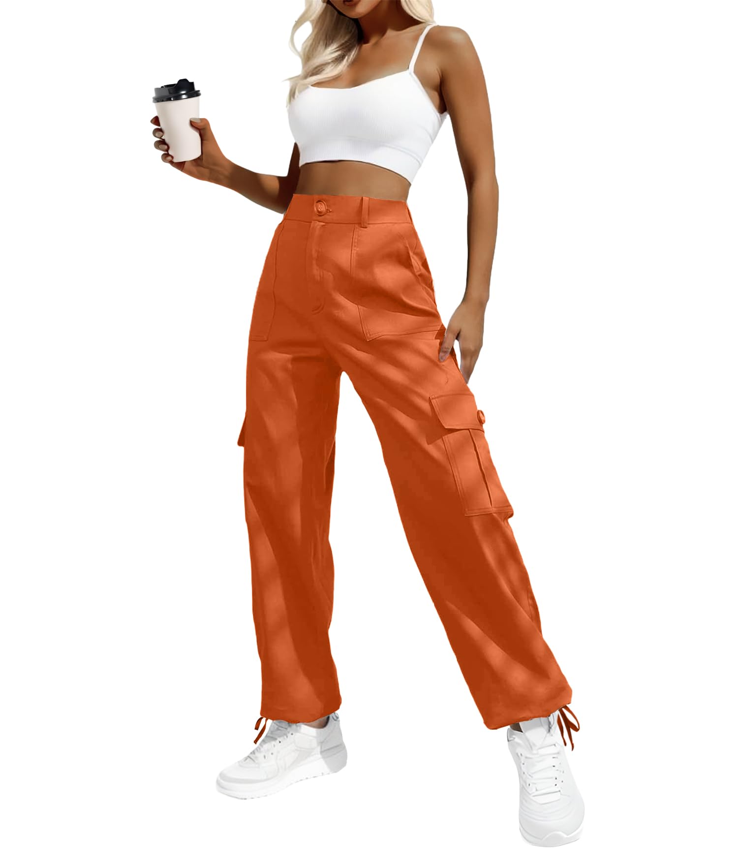 Women's High-Waisted Cargo Pants â€?Y2K Streetwear Baggy with 6 Pockets & Drawstring Cuffs