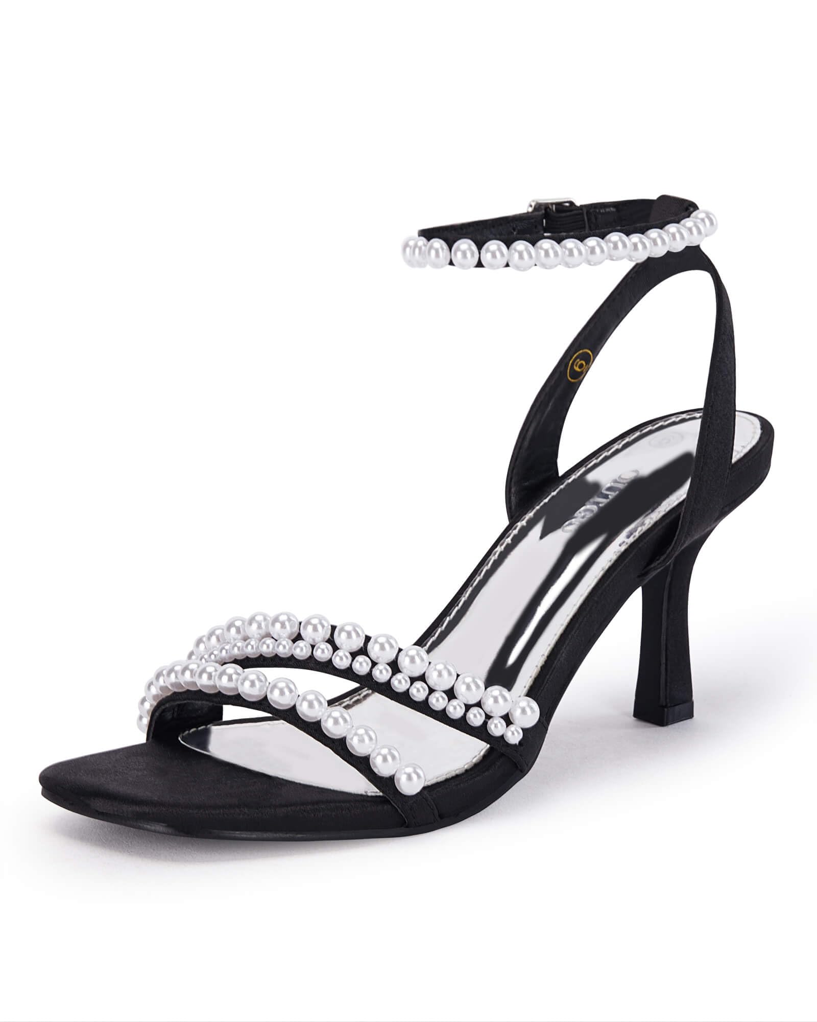 Women's Pearl Kitten Heels Sandals Square Open Toe Dress Sandals Ankle Strap Satin