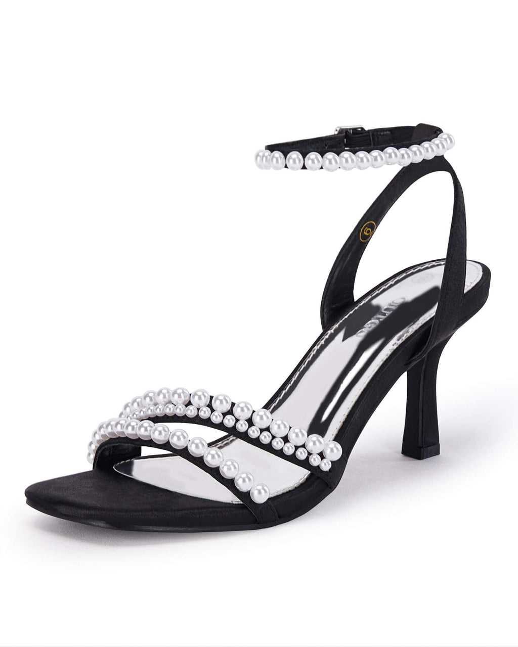 Women's Pearl Kitten Heels Sandals Square Open Toe Dress Sandals Ankle Strap Satin