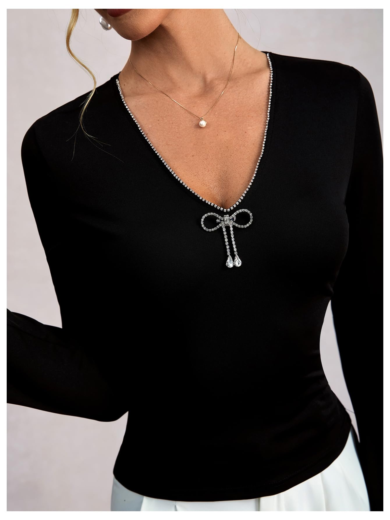 Women's Sparkly Rhinestone V Neck T Shirt Bell Long Sleeve Fitted Going Out Tops