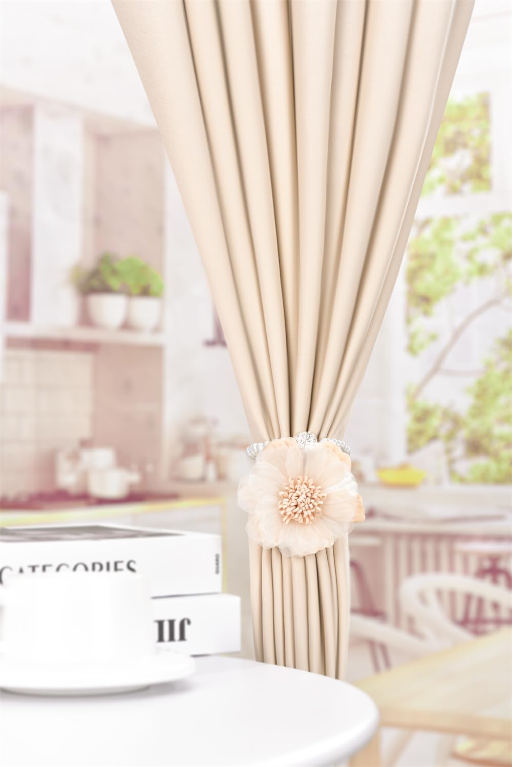 Elegant Pearl Magnetic Curtain Tieback with Handmade Flower Decorative Drapery Holdbacks Rope Holder