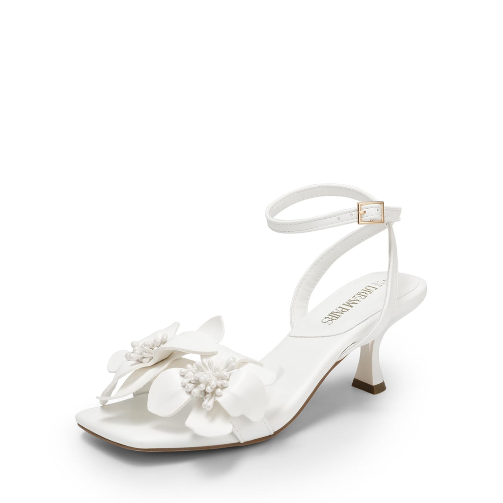 Women's Flower Wedding Heels Cute Square Toe Slingback Low Kitten Heels Sandals with Ankle Strap